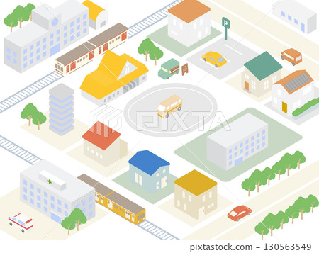 Isometric cityscape illustration in retro Scandinavian style muted colors 130563549