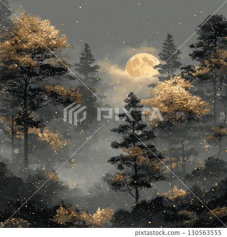 一輪滿月漂浮在薄霧中，森林裡金光閃閃的樹木 130563555