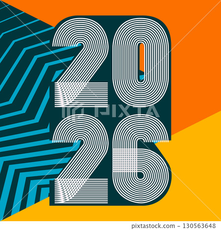 Retro cover background with vertical 2026 number on geometric zigzag striped colorful background. Graphic design vector illustration for Happy New Year Christmas Banner Greeting Card Invitation Poster Retro cover background with vertical 2026 number on geometric zigzag striped colorful background. Graphic design vector illustration for Happy New Year Christmas Banner Greeting Card Invitation Poster 130563648