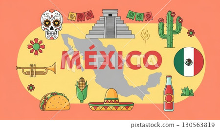 Mexico Cultural Symbols Vector Illustration with Map and Traditional Elements 130563819