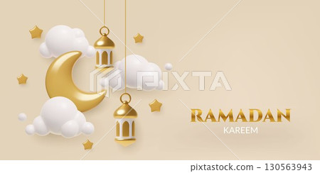 Ramadan 3d realistic banner design with golden crescent moon hanging lanterns stars and clouds Ramadan 3d realistic banner design with golden crescent moon hanging lanterns stars and clouds 130563943