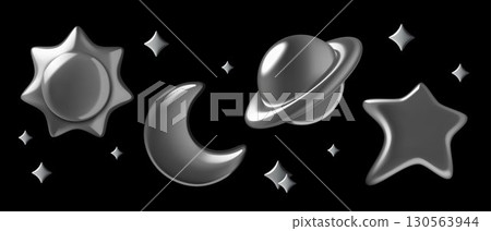 Space 3d chrome stickers including planet stars sun and crescent moon on black background 130563944
