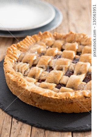 Slice of traditional Pastafrola pie with guava filling, also known as Cuban pae 130563951