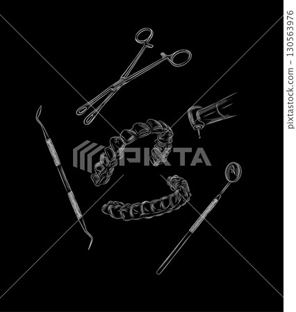 Dental whitening tray with dentist instruments black 130563976