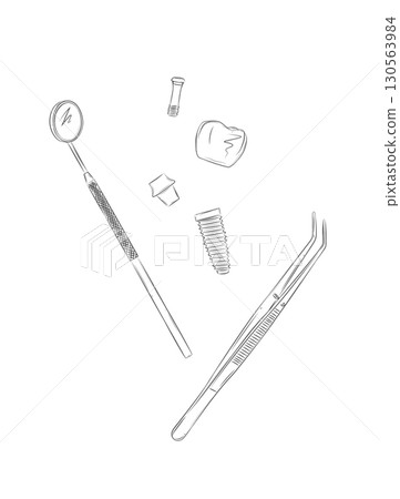 Dental implant structure with dentist mirror and tweezers 130563984