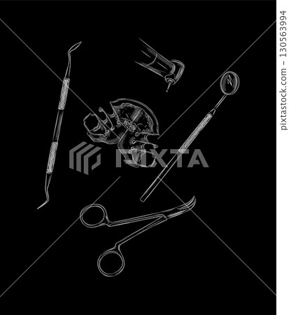Orthodontic align teeth plate with dental examination tools black 130563994
