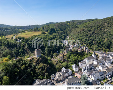 Esch-sur-Sure, Wiltz, Grand-Duche de Luxembourg, August 10, 2025, Aerial View of a Scenic Village 130564103