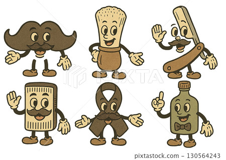 Vintage Animated illustration mascots with mustaches and accessories, movember theme. Isolated on transparent background 130564243