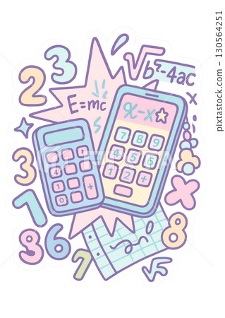 Back to school theme with colorful calculators and math symbols, isolated, transparent 130564251