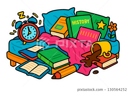 Back to school concept with books and alarm clock on bed, maximalist style. Isolated on transparent background 130564252