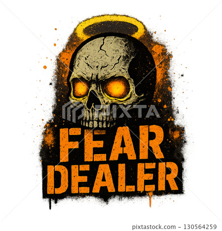Halloween gothic grunge skull with orange text on black splatter background. Isolated on transparent background 130564259