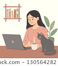 Woman working on laptop at home office desk with cat and coffee illustration 130564282