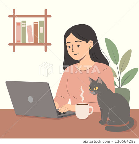 Woman working on laptop at home office desk with cat and coffee illustration 130564282