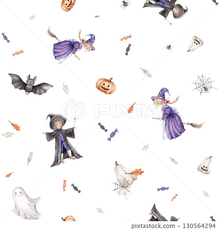 Seamless pattern Trick or treat for Halloween. Repeat background with wizard, fairy or witch on a broomstick, ghost and pumpkin. Hand drawn fantasy illustrations for kid's for repeat print design Seamless pattern Trick or treat for Halloween. Repeat background with wizard, fairy or witch on a broomstick, ghost and pumpkin. Hand drawn fantasy illustrations for kid's for repeat print design 130564294