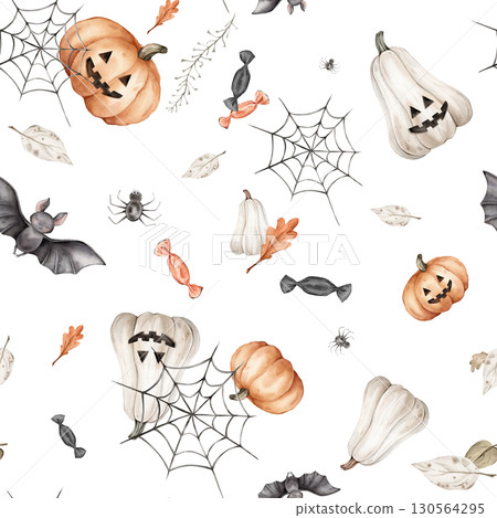 This Halloween pattern with various iconic elements bats and pumpkins. Seamless background perfect for use in textiles, wallpapers, and festive decorations with spider web with spider and candies. This Halloween pattern with various iconic elements bats and pumpkins. Seamless background perfect for use in textiles, wallpapers, and festive decorations with spider web with spider and candies. 130564295