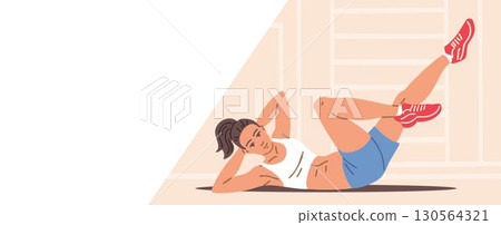 Woman doing bicycle crunch exercise fitness banner 130564321
