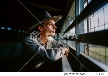 A man in a hat and a white shirt is looking out a window 130564389