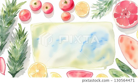 Watercolor painting of vegetables and fruits around a cutting board 130564471