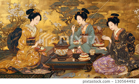 Modern Japanese art of Japanese-style women enjoying Western sweets 2 130564492