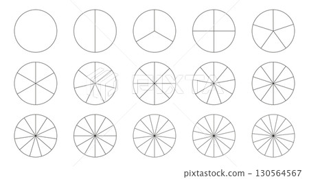Segment slice icon. Pie chart template. Circle section graph line art. 1,2,3,4,5,6,7,8,9,10,11,12,13,14,15 segments infographic. Diagram wheel parts. Geometric element. 130564567