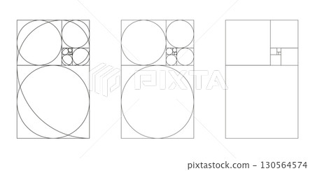 Golden ratio template set. Method golden section. Fibonacci array, numbers. Harmony proportions. Outline illustration. 130564574