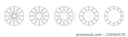 Wheels round divided in twelve sections. Diagrams infographic set. Circle section graph line art. Pie chart icons. Outline donut charts or pies segmented on 12 equal parts. Geometric element. Wheels round divided in twelve sections. Diagrams infographic set. Circle section graph line art. Pie chart icons. Outline donut charts or pies segmented on 12 equal parts. Geometric element. 130564579