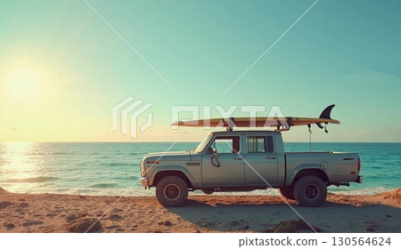 Illustration of a car loaded with surfboards and a seaside landscape Illustration of a car loaded with surfboards and a seaside landscape 130564624