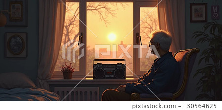 Illustration of an old man looking out the window at dusk 130564625