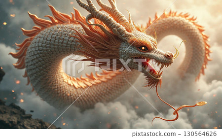 Illustration of a dragon dancing in the clouds 130564626