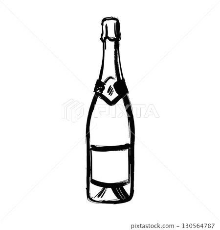 Sketch of Standing Champagne Bottle in Hand-Drawn Style 130564787