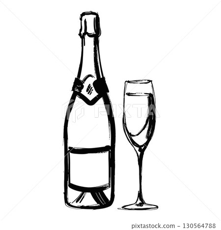 Hand-Drawn Champagne Bottle with Glass Illustration Hand-Drawn Champagne Bottle with Glass Illustration 130564788