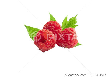 Raspberry with green leaves isolated on white background. Sweet, ripe, fresh, tasty raspberry, summer berry. Raspberry with green leaves isolated on white background. Sweet, ripe, fresh, tasty raspberry, summer berry. 130564814