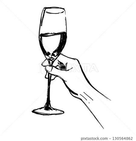 Sketch of Single Hand Holding Upright Glass 130564862