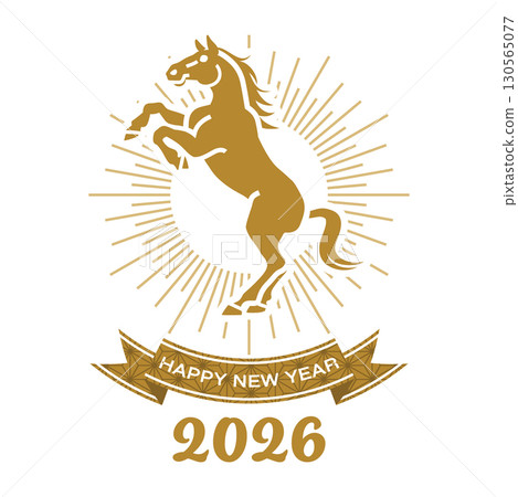 站立的馬和橫幅剪貼畫 - 2026 年馬年新年賀卡材料 130565077