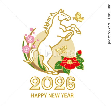A rising white horse and butterfly decorated with camellia and plum blossoms - 2026 Year of the Horse New Year's card material Clip art 130565085