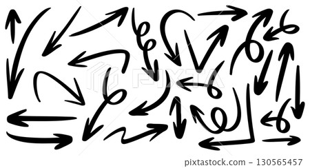 bold set of hand drawn arrows with thick strokes and playful doodle design. Ideal for presentations, creative highlights, infographic elements, web design, and decorative purposes. 130565457