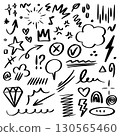 collection of hand drawn doodle elements including arrows, hearts, stars, speech bubbles, scribbles, and abstract shapes. 130565460