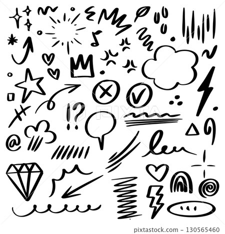 collection of hand drawn doodle elements including arrows, hearts, stars, speech bubbles, scribbles, and abstract shapes. 130565460