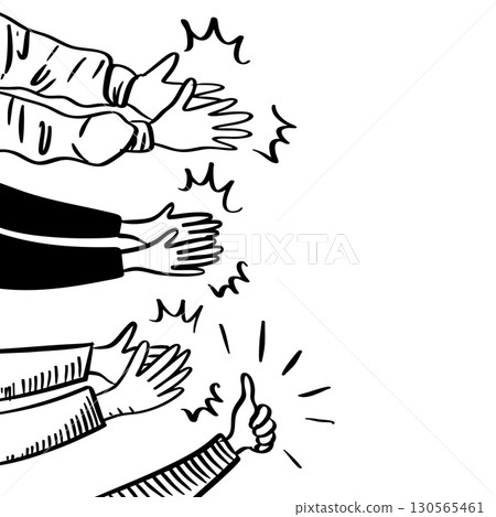 Black and white sketch illustration of multiple hands clapping and giving a thumbs up. Concept of appreciation, success, support, teamwork, encouragement, and positive feedback in line art style. Black and white sketch illustration of multiple hands clapping and giving a thumbs up. Concept of appreciation, success, support, teamwork, encouragement, and positive feedback in line art style. 130565461