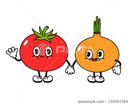 Cute cartoon tomato and onion characters holding hands Cute cartoon tomato and onion characters holding hands 130565564