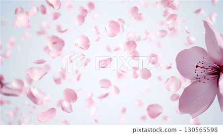 淡粉紅色的櫻花花瓣在風中飄揚，形成美麗的背景，非常適合慶祝畢業典禮、入學典禮和其他新的開始。 130565598