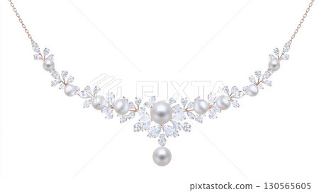 A beautiful necklace with pure white pearls and sparkling diamonds. Wedding jewelry that elegantly adorns the bride's décolleté. A beautiful necklace with pure white pearls and sparkling diamonds. Wedding jewelry that elegantly adorns the bride's décolleté. 130565605