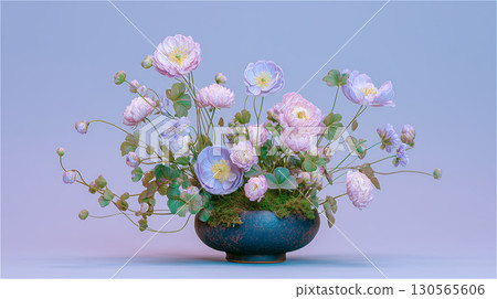 A pale-hued flower arrangement in a tasteful container. A table decoration that creates a peaceful wedding atmosphere. A pale-hued flower arrangement in a tasteful container. A table decoration that creates a peaceful wedding atmosphere. 130565606
