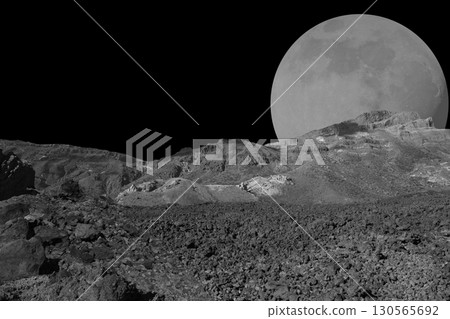 Asteroid and Planet. Black horizon background 130565692