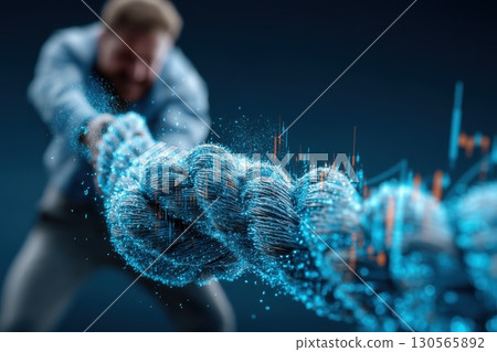 Manager Pulling Heavy Ropes Connected to Digital Charts in a Creative Business Concept Manager Pulling Heavy Ropes Connected to Digital Charts in a Creative Business Concept 130565892