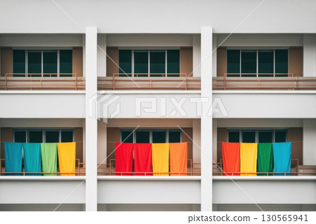 Colorful Drapes Hang from Balconies of Modern White Apartment Building in Urban Setting 130565941