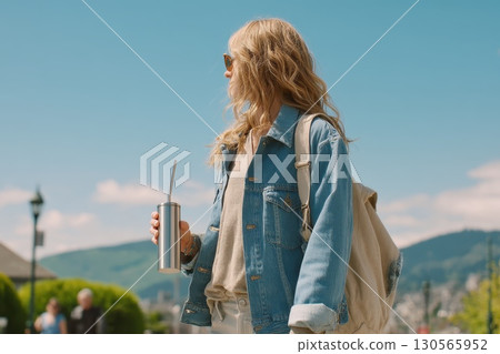 Person Using Reusable Straw Promoting Sustainable Lifestyle in Outdoor Setting 130565952
