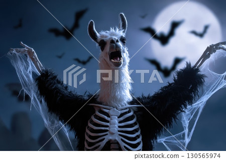 Surreal Llama Dabbing in Skeleton Costume with Cobwebs at Night Surreal Llama Dabbing in Skeleton Costume with Cobwebs at Night 130565974