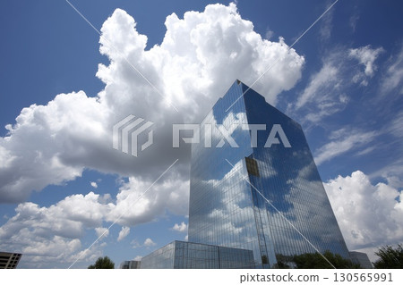 Modern Sleek Glass Skyscraper with Geometric Facade Reflecting Clouds and Blue Sky 130565991