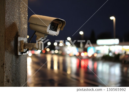 Sleek Modern CCTV Camera Mounted on Wall with Blurred Urban Background at Night 130565992